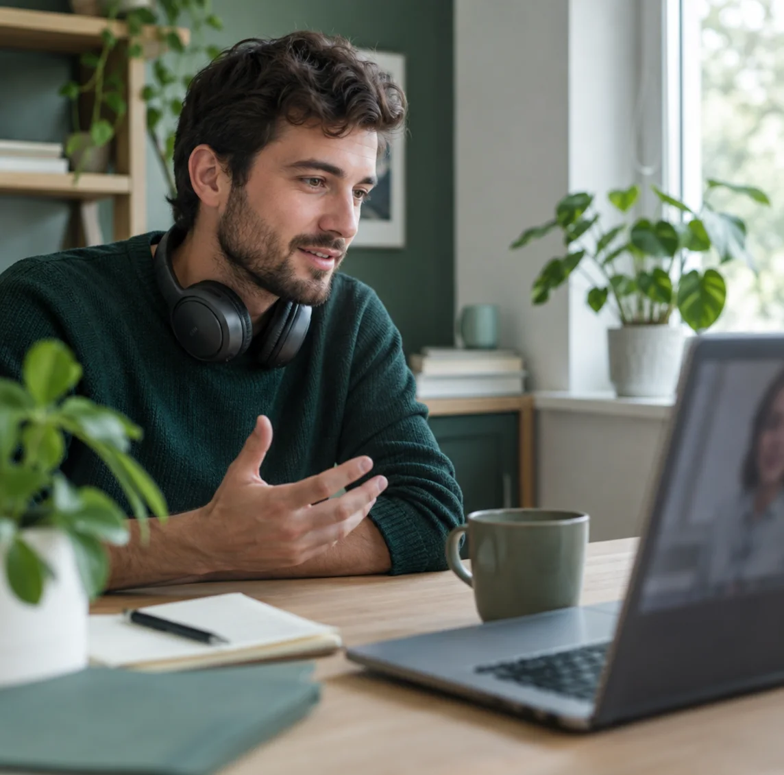 A freelancer at his desk on a video call with his Ledgerwell accountant
