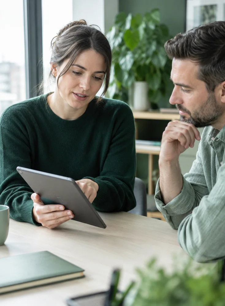 A Ledgerwell accountant walking a client through the month's numbers on a tablet