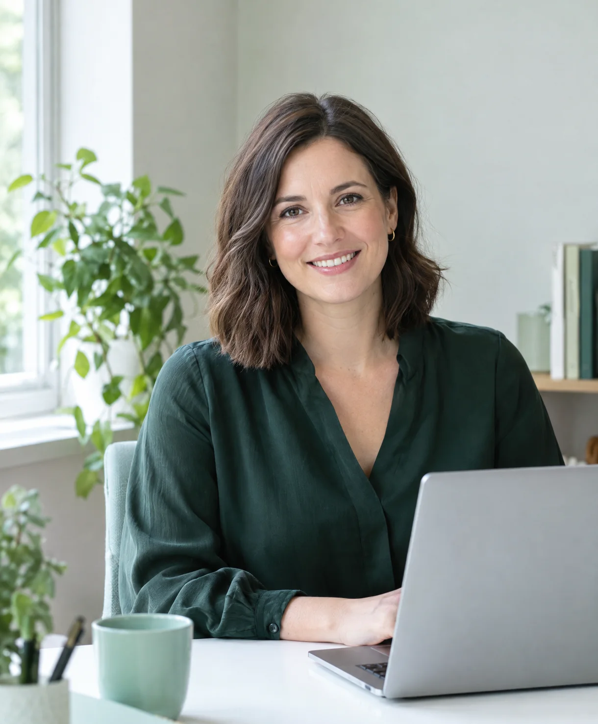 A Ledgerwell accountant at her desk, laptop open, ready for a call